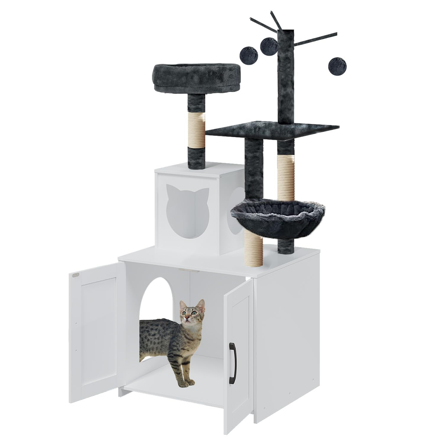 Cat Tree with Litter Box, Wood Litter Box Enclosure with Food Station, Modern Cat Tower for Indoor Large Cats with Large Platform,Cat Condo with