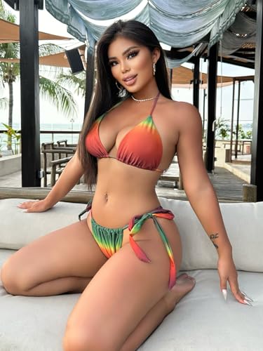 SEGT Women's 3 Piece Swimsuit Triangle Halter Side Tie Thong Bikini Set with Cover Up Skirt4