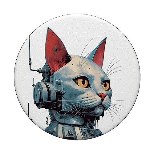 Retro Cyborg Robot Space Cat VI PopSockets Swappable PopGrip, Black - Image 3
