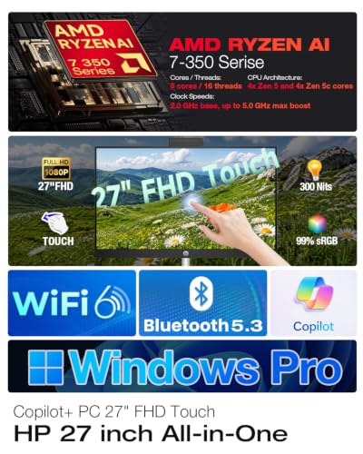 Image of HP 27 Touchscreen All-in-One Desktop AMD Ryzen AI 7 350 (5.0 GHz 50 Tops) | 16GB RAM, 1TB SSD, 27 inch FHD IPS Display, Windows 11, WIFI6 BT5.4, Wireless Keyboard & Mouse, Home Office PC, Adjustable Height