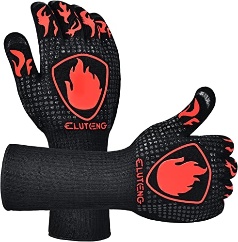 ELUTENG Grillhandschuhe Hitzebeständig, 1472℉/800 Grad Feuerfeste Handschuhe mit Fleischkrallen rutschfeste Silikon-Ofenhandschuhe Lange Küchenhandschuhe Zum Grillen, Kochen, Backen Cover