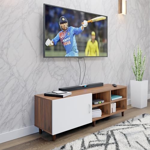 Image of VIKI Modern TV Unit for Living Room | Engineered Wood TV Cabinet with 1 Door Storage & 2 Open Shelves, Entertainment Unit, 140W x 48H x 40D cm | DIY | 1 Year Warranty (Walnut & White)