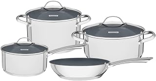 Una Ceramic Surface Stainless Steel Cookware Set 7 Piece | Tri-Ply Base | PTFE, PFOA, Lead, Cadmium Free | Oven Safe to 500°F | Stovetops Including Induction | Silver Finish