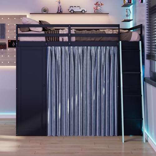 Image of Harper & Bright Designs Full Size Loft Bed with Wardrobe and Storage Shelves, Wooden Loft Beds Full with RGB Lights, Charging Sation and Blackout Curtains, Space-Saving, Black+Blue