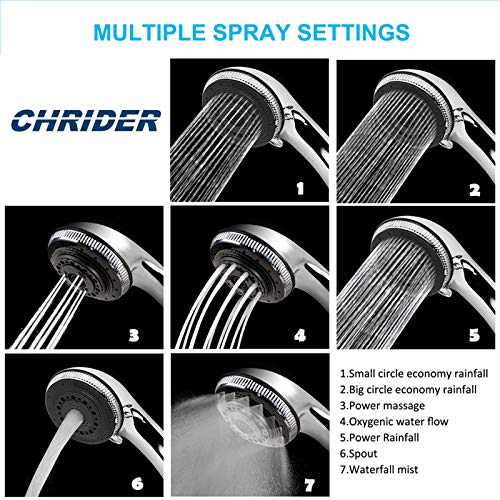 Chrider Handheld Shower Head with Hose, 7 Spray Settings Hand Held Shower Head, 3.2" High Pressure Showerhead, 60" Extra-long Stainless Steel Hose, Adjustable Mount, Chrome Handle Finish