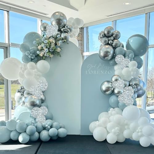 Image of Blue Winter Wonderland Balloons, 60 PCS 12 Inch Dusty Light Baby Blue White and Silver Balloon Snowflake Balloons for Boy Baby Shower Winter Christmas Holiday Birthday Party Decorations