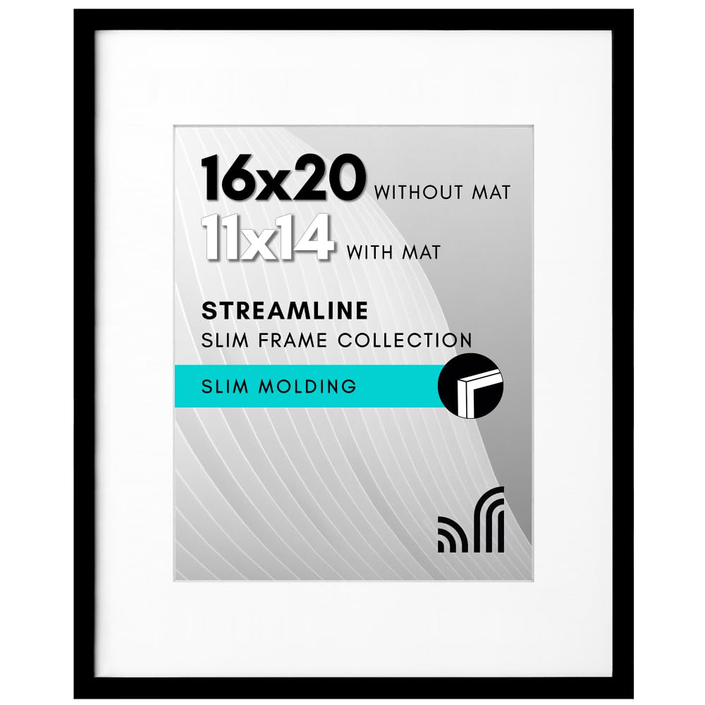 Americanflat 16x20 Picture Frame with Polished Plexiglass - Use as 11x14 Frame with Mat or 16x20 Frame Without Mat - Streamline Collection - Thin Picture Frame for Wall Display - Black