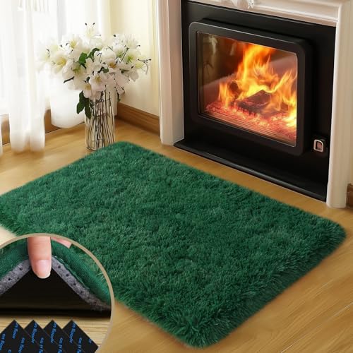 2x3 Rugs for Bedroom, Fluffy Dark Green Area Rugs for Living Room, Soft Shag Kids Rug Small Carpet with 4 Non-Slip Rug Pads (2ft x 3ft, Dark Green)
