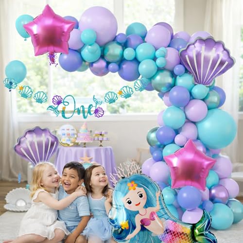 Image of Rozi Decoration Mermaid Theme Birthday Decoration Kit 62 Pcs with Ocean Banner, Pastel Balloons, Star & Shell Foil Balloons and Balloon for Birthday Party Decoration