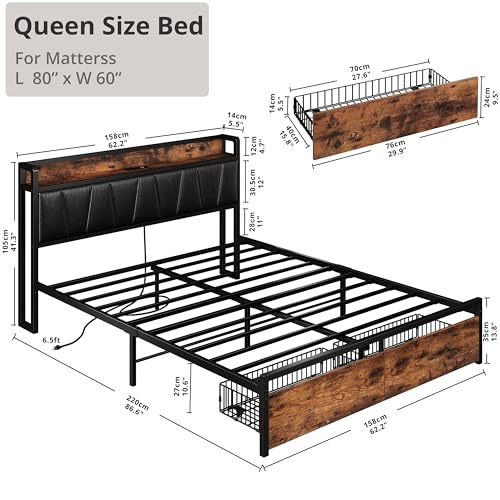 Image of LIKIMIO Queen Bed Frame, Storage Headboard with Charging Station, Platform Bed with Drawers, No Box Spring Needed, Easy Assembly, Vintage Brown and Black