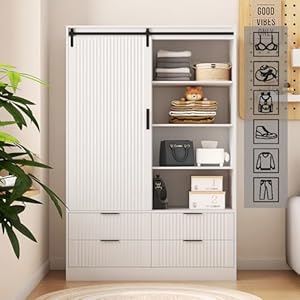 Armoire wardrobe closet with drawers wooden closet organizers and storage with doors and open shelves for bedroom white  urban country home decor