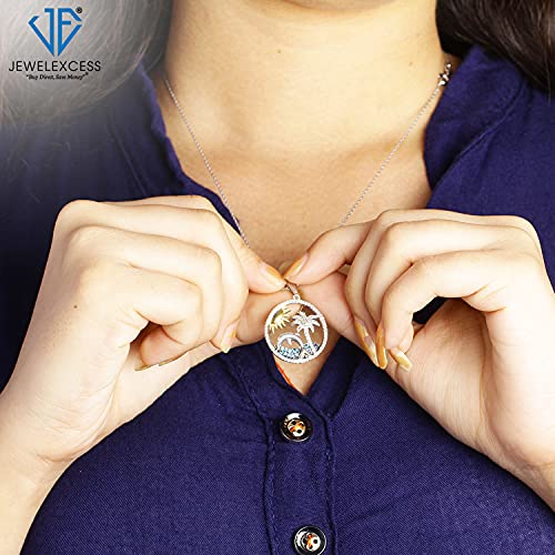 Jewelexcess Beach Necklaces For Women Sterling Silver Necklace – 1/3 Ctw White And Blue Diamond Necklace For Women – .925 Silver Chain Necklace Pendant – Palm Tree Necklace Birthday Gifts For Women #TOP1