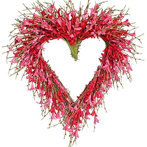 Bibelot Heart Shaped Valentine's Day Wreath Pink Forsythia Flower Wreath Mother's Day Wreath Wall Door Hanging Decor Valentine's Day Wedding Decoration… Cover