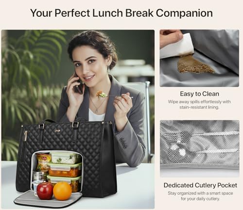 Image of RIONTO Elaris Tote Bag for Women With Insulated Lunch Compartment | Upto 15.6 inch | Water Resistant Handbag | Laptop Bags for Woman Office use with Multiple Compartments - Black