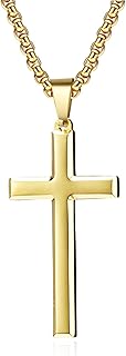Veylenix Cross Necklace for Men Women, Silver/Gold/Black Beveled Cross Pendant Necklace for Boys Mens Simple Stainless Ste...