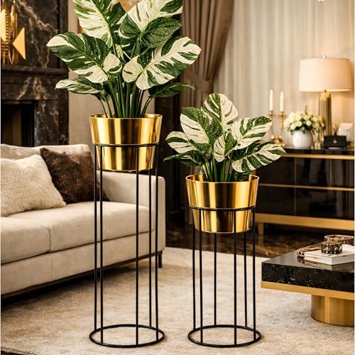Image of Modern Metal Floor Planter Stand Set of 2 - Tall Gold & Black Indoor Plant Holders with Iron Stands for Living Room, Balcony, Office & Home Decor