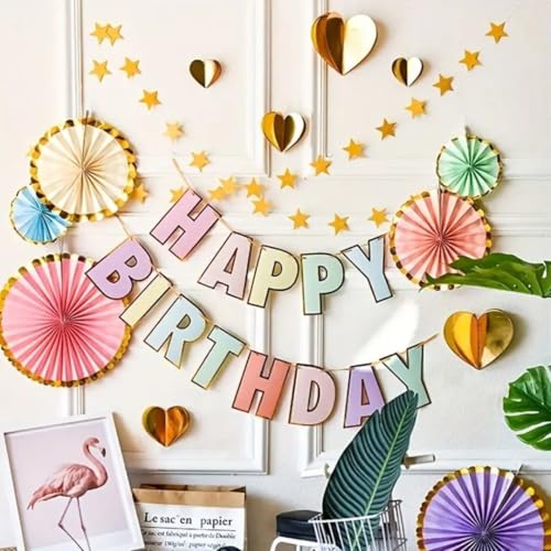 Image of Wanna Party Rainbow Colorful Bold Letter Macaron Happy Birthday Banner & Sign,Pastel Birthday Decorations for Women, Girls, Boys, Adults, Pets | Party Backdrop, Wall Decor for All Celebrations