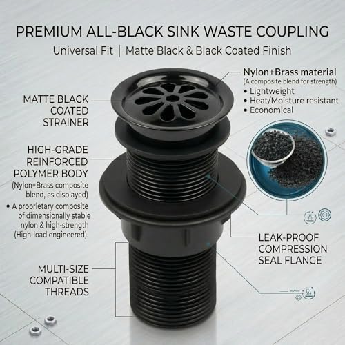 Image of BASSINO 6 Inch Basin Waste Coupling Nylon Thread Body with Brass Jali Head /Heavy Duty Bathroom Sink Drain for Wash Basin /Anti Clog Waste Coupling with Durable Build /Universal Fit Drain(Black)