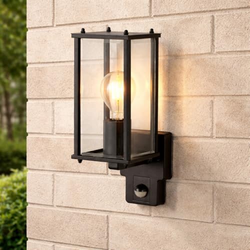 Applique murale exterieur PIR CGC Lighting lanterne noire verre biseauté pour porche