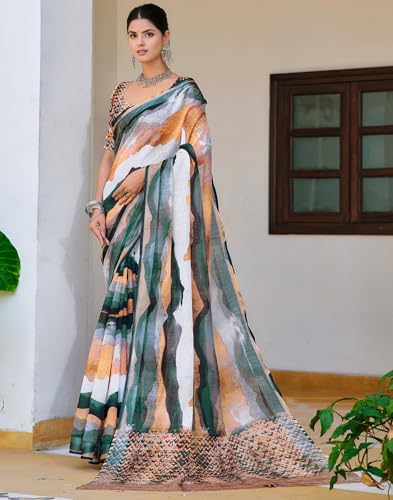 Image of SIRIL Women's Cotton Linen Printed Zari Border Saree with Unstitched Blouse Piece