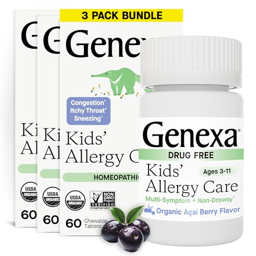 Genexa Kids Allergy Care | Drug Free Non-Drowsy Childrens Allergy & Decongestant Remedy | Vegan & Non-GMO | Homeopathic Relief Made Clean | Organic Acai Berry Flavor | 180 Chewable Tablets Ages 3-11