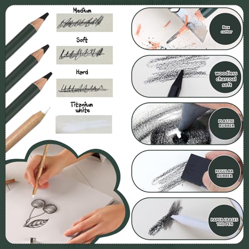 BINYI Skizzen Zeichen Bleistift Set Zeichenstifte Professionell Zeichenset Malset mit Graphitstift Kohlestifte für Zeichnen Skizzieren für Künstler Erwachsene Teenager 19 Stück