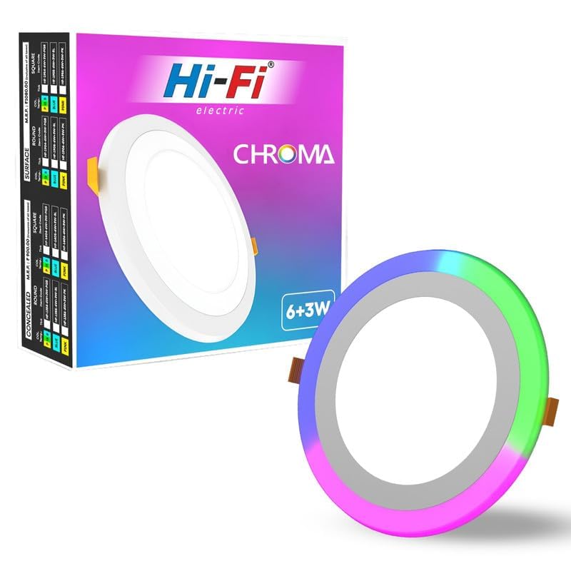 Image of elleys' Chroma Multicolour Ceiling Light | Concealed LED 3 in 1 Light Modes (6+3 Watt) | Ceiling Light for Home & Office | Recessed Led Downlighter |Cut-Out:125mm|Color - White & Multicolur Pack 1