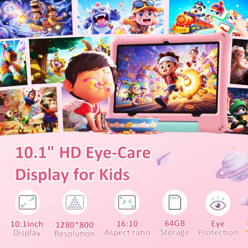 Image of Kids Tablet, 10.1 inch Android 16 Tablet for Kids, Gift for Ages 6-12 | 30GB RAM 64GB ROM 1TB Expand, Eye Care HD Display, Parental Control, 6000mAh, WiFi, BT5.0, GPS, Pink Shockproof EVA Case
