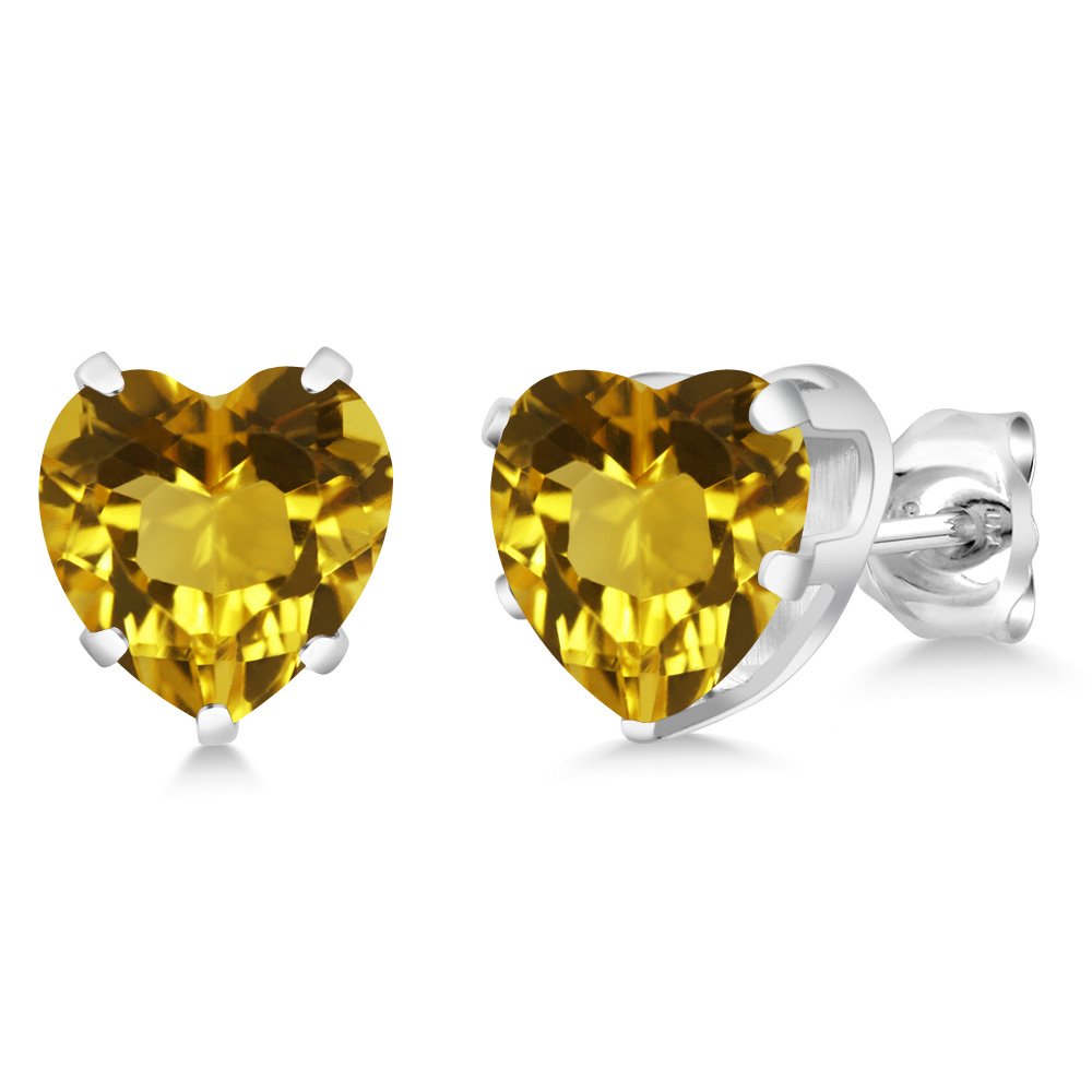 Gem Stone King 925 Sterling Silver Yellow Citrine Stud Earrings For Women (3.20 Ct Heart Shape 8MM), Metal Gemstone, Citrine