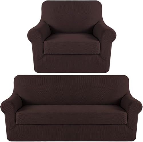 H.VERSAILTEX Fundas elásticas para sofá de 2 piezas, color marrón, de alta elasticidad, 2 piezas, tela jacquard de elastano, súper suave,