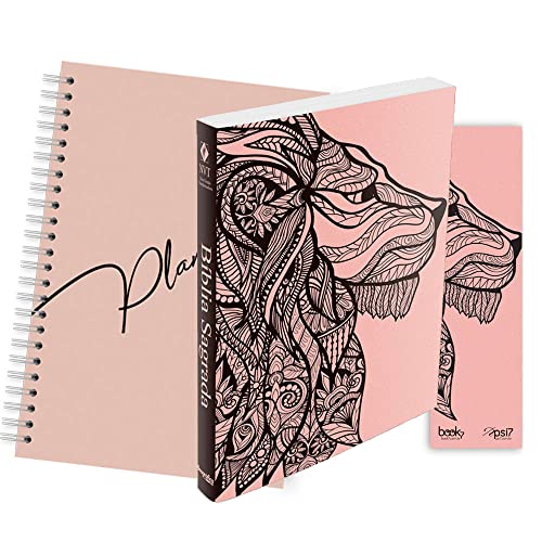 Kit leão rosa – planner capa lisa + bíblia brochura nvt + marca página: