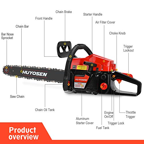 HUYOSEN 54.6CC 2-Stroke Gas Powered Chainsaw, 20-Inch Chainsaw, Cordless Handheld Gasoline Power Chain Saws for Cutting Trees, Wood, Garden and Farm(5520E Black Red).