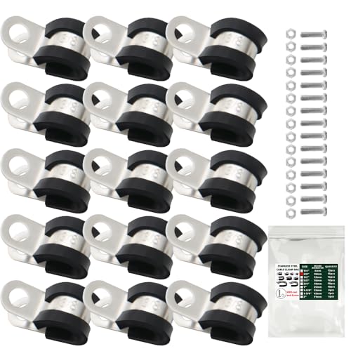 HXH 15PCS 3/8 Inch Stainless Steel Clamps Accessories Included, Automotive Wire Clamps, Versatile Pipe or Wire Cord Installation Solutions with Rubber Coated Protection
