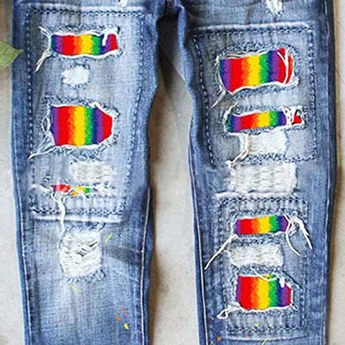 Boyfriend Jeans for Women Ripped Hole Rainbow Tie Dye Patch Straight Denim Pants4