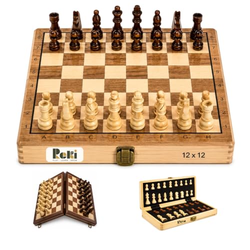Image of Classic - 12x12 Inch Wooden Chess Board with Chessmen | Magnetic Folding Chess Set with Storage | Travel Friendly Board Game for Kids & Adults