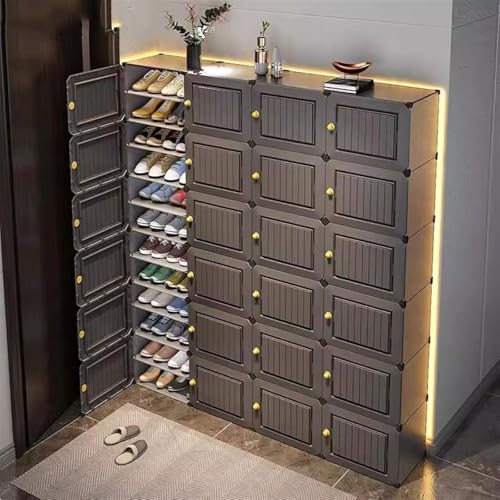 Image of Modular Shoe Rack Organizer with Drawer Storage, Multi-Layer Foldable Shoe Cabinet with Dustproof Doors for Home Entryway Bedroom (HZ-Grey, 4-Door)