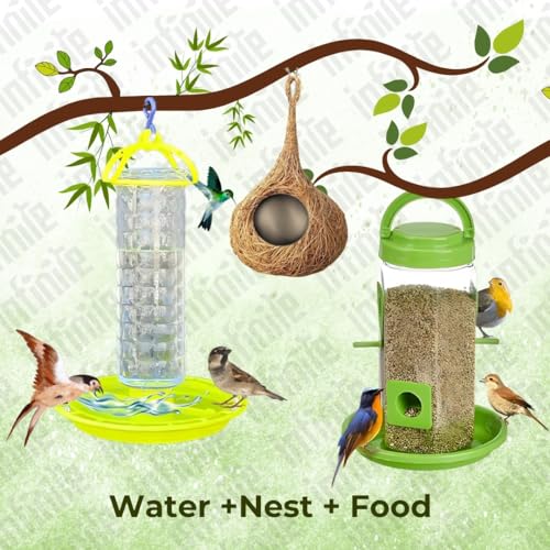 Image of Bird Feeder Water & Food Tray with Nest | Hanging Balcony Bird Feeder for Home Garden | Attracts Sparrows, Parrots, and More - Ideal for Outdoor Use (Nest + Food + Water Feeder)