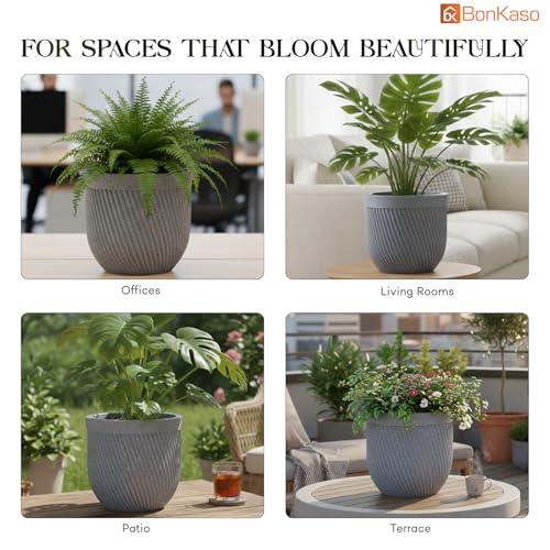 Image of Bonkaso 12 Inch Seltos Ribbed Planter for Indoor & Outdoor Use | Round Heavy Duty Polymer Flower Pot | Lightweight Weather Resistant Modern Gamla for Living Room Balcony & Terrace (Light Grey)