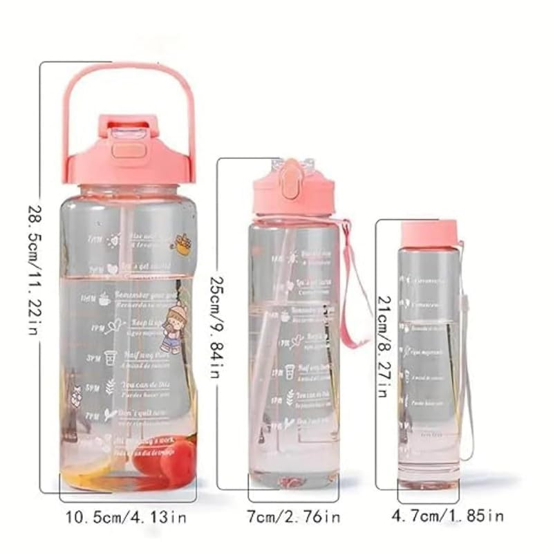 Image of TRANSPARENT 3-Pcs (2000ML-900ML-300ML) Water Bottle with Straw & Time Marker | Leak-Proof Sports Bottle for Gym, Office, School | Break-Resistant Silicone Bottle for Daily Hydration (Pink)