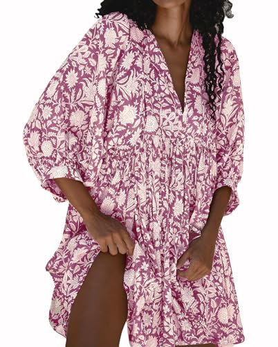 Womens Summer Dresses Casual Boho Floral Babydoll Balloon Sleeve Half Open Tether Flowy Short Beach Dress, Lilac Floral, Large