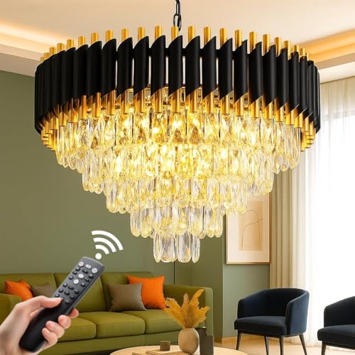 Image of NOZZ Modern Crystal Chandeliers with Ceiling Light Fixture for Living Room Bedroom and Hallway (Black Gold Moving, 600MM)