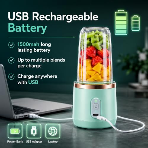 Image of Portable Blender 450ML USB Rechargeable Personal Blender with Type-C Charging, 4 Stainless Steel Blades, BPA-Free Mini Smoothie Maker for Shakes, Juice, Baby Food, Travel & Gym Use (Color May Vary)