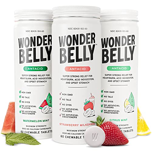 Wonderbelly Antacid Chewable Tablets - Maximum Strength Calcium Carbonate Acid Neutralizer - Instant Heartburn Relief, Acid Indigestion & Sour Stomach -Vegan (Variety Pack)