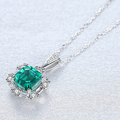 Gdirection 925 Sterling Silver Simulated Emerald Cz Zircon Halo Pendant Necklace For Women, Cubic Zirconia Square Asscher Cut Nano Green Gemstone 16+2Inch Chain S925 Necklace With Gift Box (A-Sn0307) #TOP1