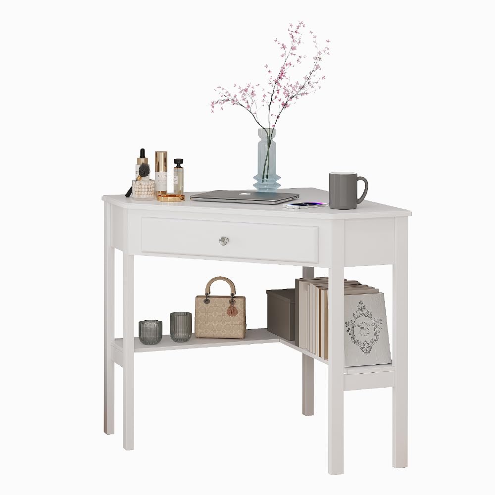 Vicco Tavolo da trucco ad angolo Velto, Bianco, 75 x 76.8 cm | con cassetto, per un posizionamento salvaspazio negli angoli della stanza
