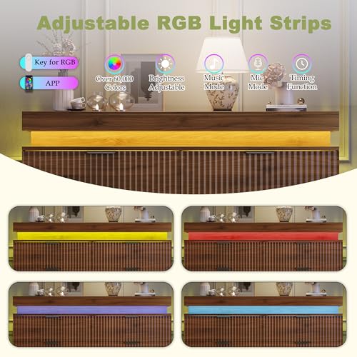 Image of 6 Drawer Dresser with LED Lights and Charging Station, 47 inch Wide Walnut Wood Fluted Dresser for Bedroom, Modern Chest of Drawers for Closet Organizer Cabinet for Living Room, Entryway, Hallway