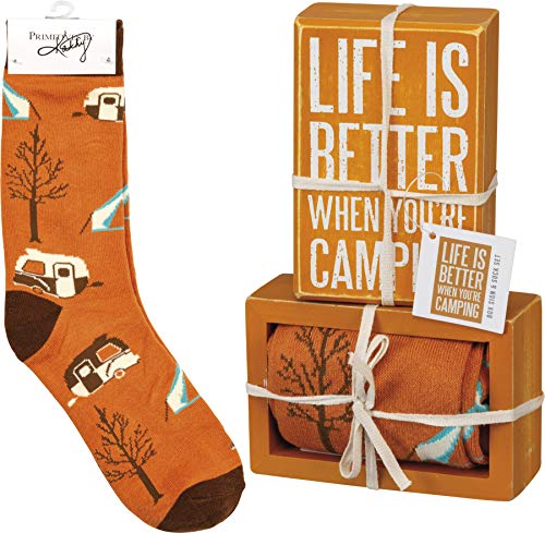 Primitives-by-Kathy-Decorative-Box-Sign-Pair-of-Socks-Gift-Set-Life-is-Better-When-Youre-CampingBrown Primitives by Kathy Decorative Box Sign Pair of Socks Gift Set Life is Better When Youre CampingBrown