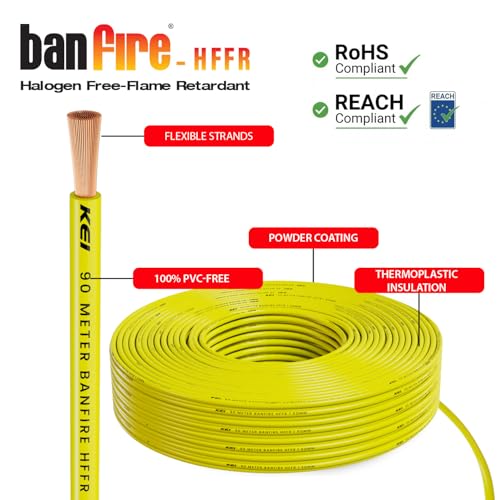 Image of KEI BANFIRE- HFFR 1 sqmm 1 Core 99.97% Pure Copper Conductor Heat Resistant Flame Retardant Low Smoke & Halogen - Lead Less House Wire for Domestic & Industrial Electrical Wiring (Yellow,90 Meters)