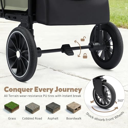TODEFULL Stroller Wagon for 2 Kids, Foldable Push Wagon for Toddlers Baby with Canopy, Large Storage, 5-Point Harness, Adjustable Handle for Family Outdoor Activities