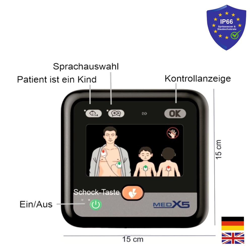 myPAD Heimdefibrillator AED für zuhause, Familie & Freizeit, 4 J. MedX5 Servicegarantie, manuelle Schockauslösung, LED-Grafik, für Kleinkinder Erwachsene, Komplettset